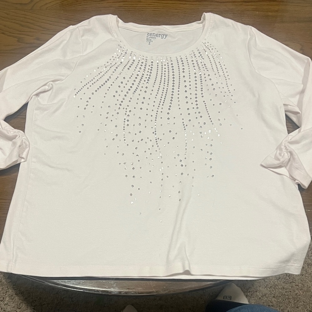 Chico's zenergy White Embellished Long Sleeve Top